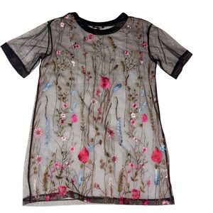 Fashion Nova Embroidered Floral Mesh Shirt size Medium